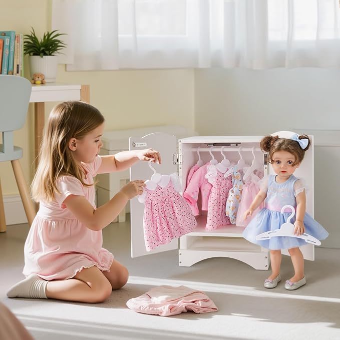 BABESIDE Wooden Baby Dolls Closet for 12-16 Inches Doll, Armoire Dolls Wardrobe for Babys Doll Clothes Storage, Includes 10 Clothes Hangers, Babys Dolls Accessories Furniture fit Dolls Boy Girl