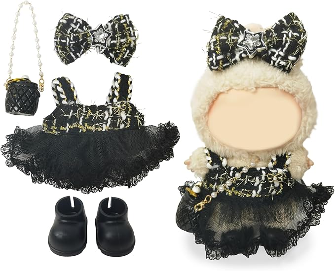 Clothes Compatible with LABUBU Doll – 4PCS Gothic Lace Set, 17cm Doll Clothes Designer Outfit for Starry Punk Theme, Chic Stylish Accessories for Labubu, No Doll (Dark Star Muse)