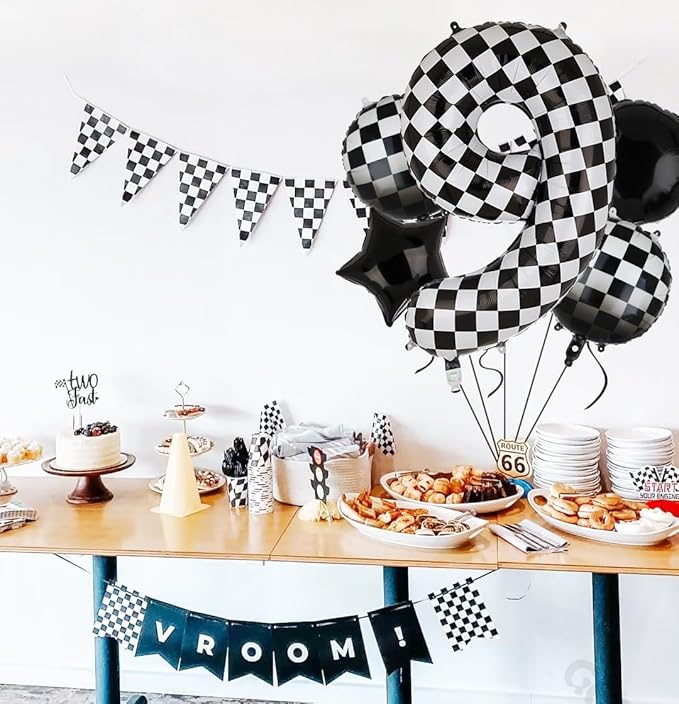 40 Inch Checkered Number Balloon 9 Black and White Race Car Birthday Balloons Baby Hippie Smile Party Shower Boys 9th Birthday Race Car Theme Party Decor Supplies 5 Pcs