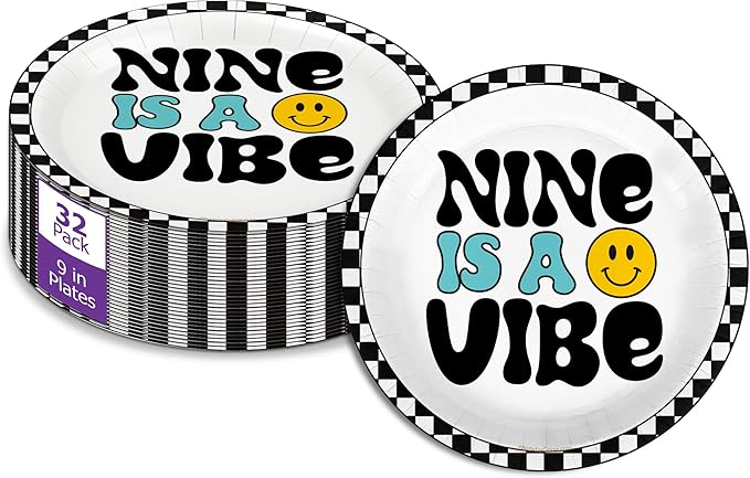 Nine is a Vibe Smiley Face Ninth Birthday - 32 Piece Disposable Party Supplies - Decorations for 9th Birthday Round Party Plates - Large 9" Paper Plates In Bulk