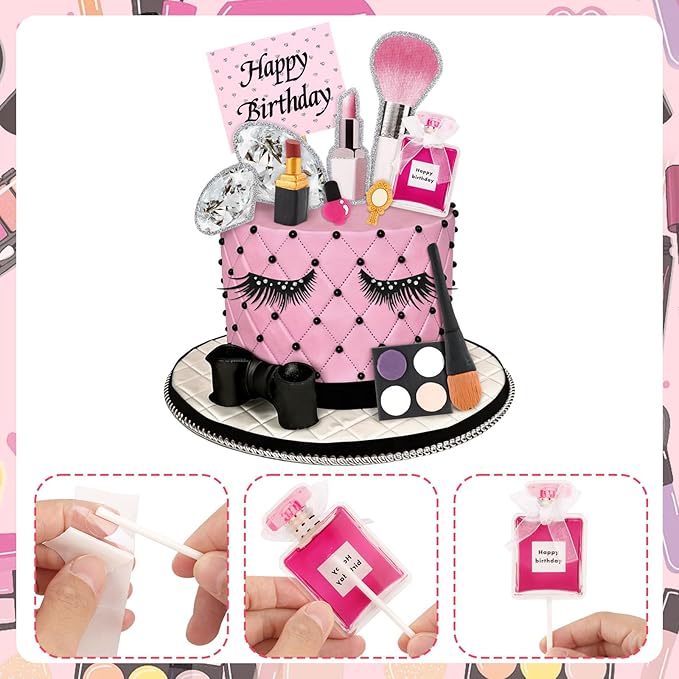 Hooqict 12Pcs Makeup Cake Decorations Set with Mini Lipstick, Mirror, Makeup Tools, Spa Birthday Party Cake Toppers & Cupcake Toppers for Girls Women Spa Birthday Party Supplies