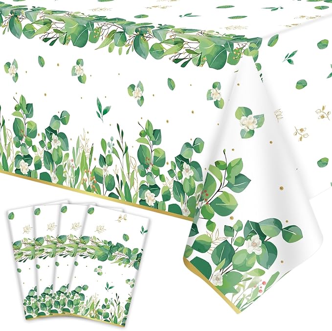 4 Pack Sage Green Eucalyptus Leaf Tablecover Sage Greenery Tablecloth Plastic Green Leaves Rectangular Greenery Table Cloths for Neutral Baby Shower Birthday Jungle Wedding Party Supplies 86 x 51 IN