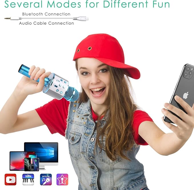 Wireless Bluetooth Karaoke Microphone for Kids, 5-in-1 Portable Handheld Karaoke Mic Speaker Player Recorder with Adjustable Remix for Kids Girls Boys Teens Birthday (Blue)