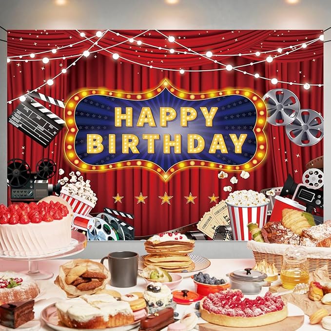 Movie Night Happy Birthday Backdrop Decorations Banner Movie Night Photo Background for Home Indoor Outdoor Birthday Party Decorations Supplies 70.8 x 47.2 Inch