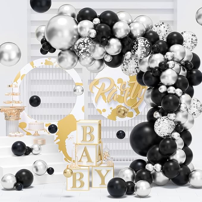 100pcs Black and Silver Balloons 12 Inch Metallic Silver and Black latex Party Balloons for Birthday Graduation Engagement New Year's Eve Party Decorations