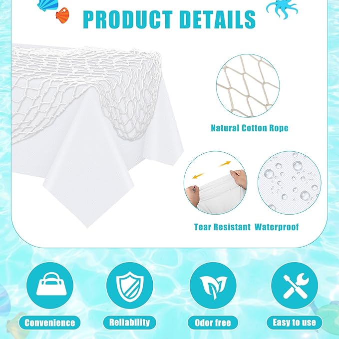 Unittype 8 Pcs Fish Net Decorative and Tablecloth Set, Cotton Fishnet and Plastic Table Cover Decorations Set for Nautical Themed Party Baby Shower Pirate Decorations Mermaid Party (Red and White)
