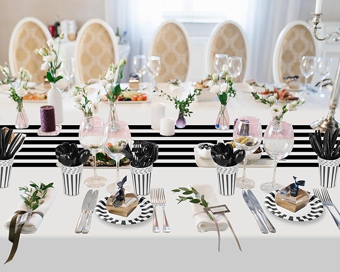 154 Pcs Black & White Party Supplies Disposable Dinnerware Set - Striped Tablecloth, Plates, Cups, Napkins, Cutlery for Wedding Birthday Party Supplies