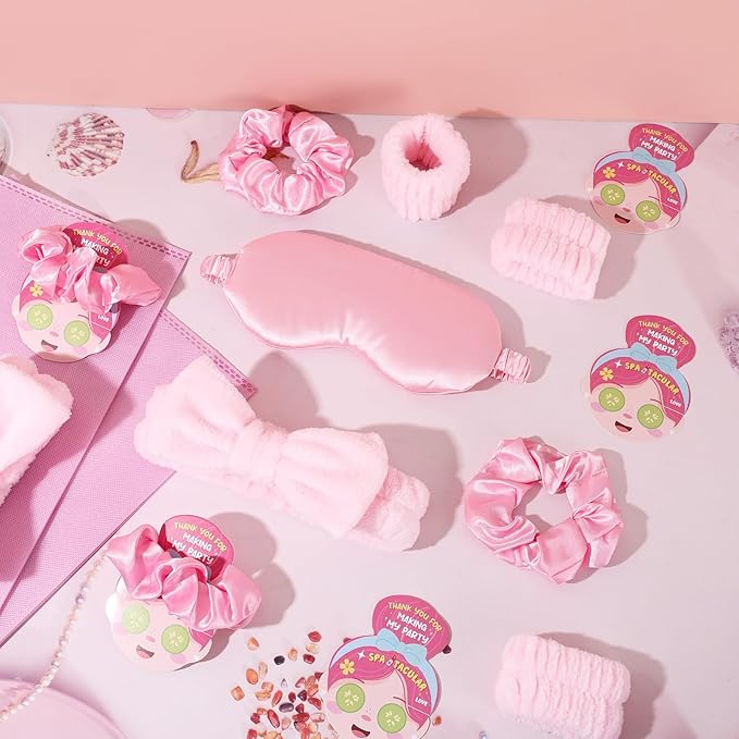 72 Pcs Spa Sleepover Party Supplies for Girls With DIY Stickers And Greeting Card Pink Headband Wristbands Eye Mask Hair Scrunchie Tote Bag Sleeping Slumber Party Favors
