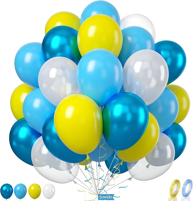 Yellow Blue Clear Balloon, 60 Pcs 12 Inches Metallic Blue Balloons for Underwater Theme Party Decorations Birthday Balloons Baby Shower Engagement Party Supplies