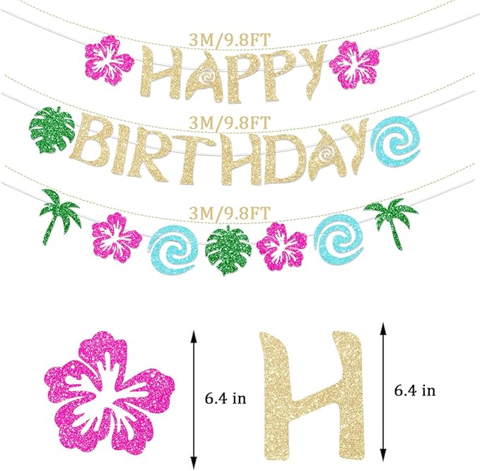Hawaiian Moana Birthday Banner Party Decoration Glittery Gold for Happy Birthday Tropical Luau Summer Baby Shower Decor