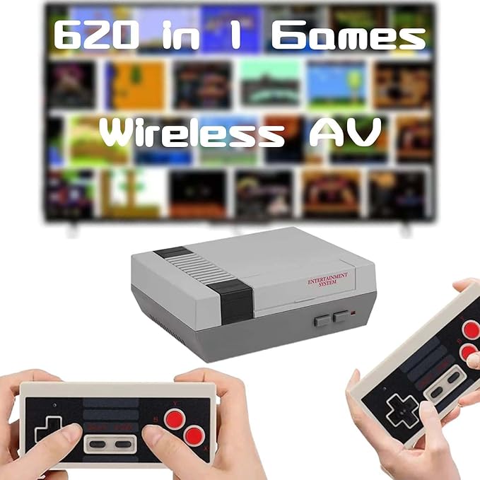 Retro Game Console, Wireless Retro Gaming System, Built-in 620 Classic Video Games, Plug & Play Game Console for TV with AV Output and 2 Wireless Controllers (Gray)
