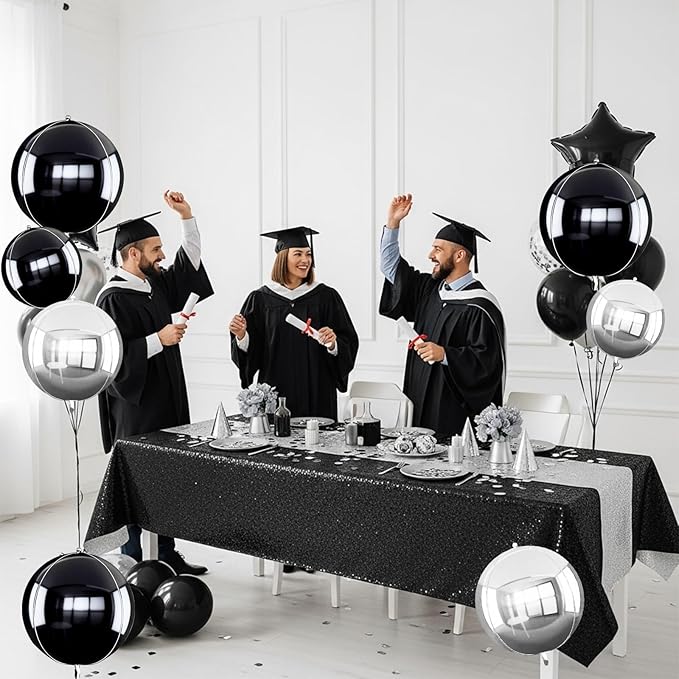 TONIFUL 16Pcs Large Black Silver 4D Giant Round Foil Balloon 4D Mirror Metallic Mylar Sephere Balloons for Christmas New Year Birthday Party Graduation Wedding Baby Shower Decoration Supp(Mix Sizes)