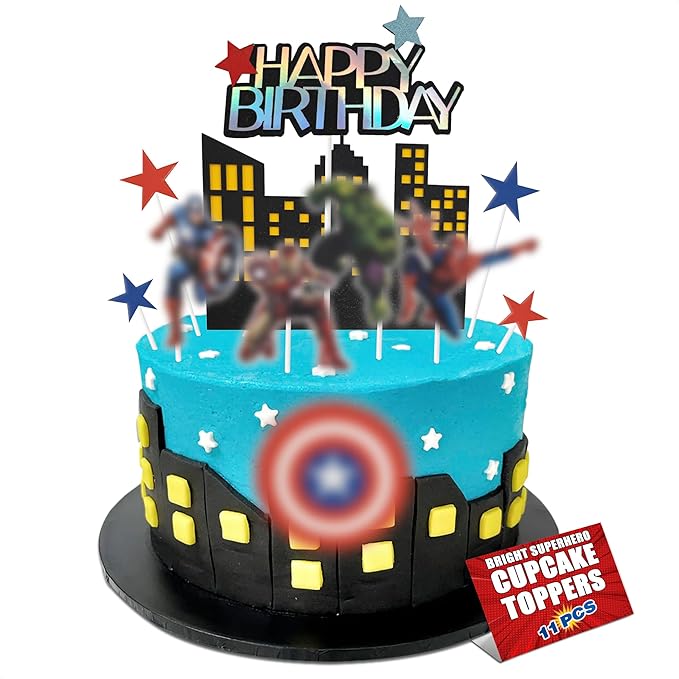 Superhero Birthday Decorations - 11Pcs Colorful Superhero Cake Topper with Bold Action Figures, Sturdy Cardboard & Installation Stick, Easy to Use, Super Hero Birthday Decorations for Boys & Girls