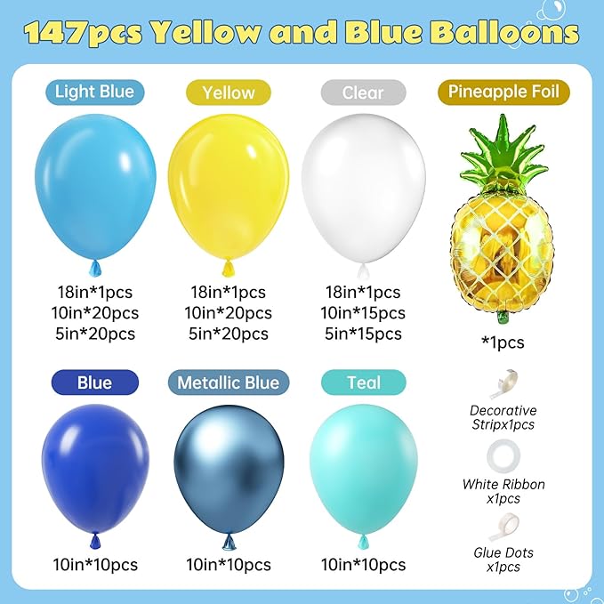 147pcs Cartoon Sponge Balloon Arch Kit - Birthday Decorations With Yellow, Blue, Clear, Metallic, Teal Balloons and Pineapple Balloon For Cartoon Birthday Party Baby Shower