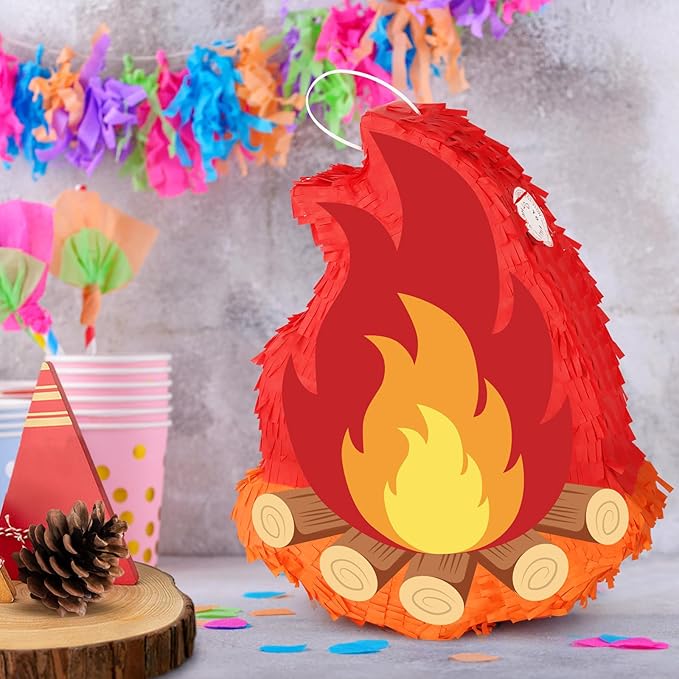 Camping Campfire Pinata with Stick and Blindfold Fake Flame Pinata for Boys Girls Kids Christmas Birthday Party Supplies Camping Adventure Party Photo Props Decorations