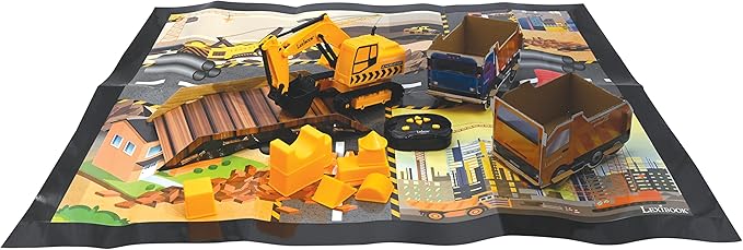 LEXiBOOK, Crosslander® pro RC Excavator, Remote Controlled Backhoe, Automatic Shovel, Play mat, Sand Moulds, 2 Trucks and a Bridge in Boxes Included, Rechargeable, RCP30
