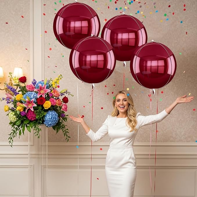 TONIFUL 8Pcs 22inch Large Wine Red 4D Giant Round Foil Balloon 4D Metallic Mylar Sephere Balloons for Christmas New Year Birthday Party Graduation Wedding Bridal Shower Decoration Supplies