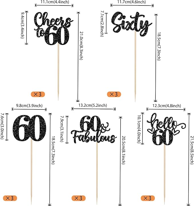 15PCS Happy 60th Birthday Centerpiece Sticks Hello 60 Cheers to 60 Birthday Table Flower Centerpieces Sticks Sixty 60 Fabulous Floral Decorations for 60th Birthday Party Centerpieces Supplies Black