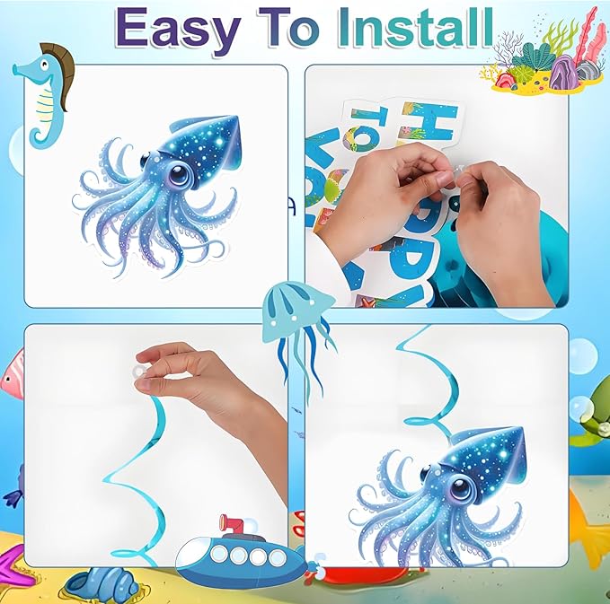 Sea Animals Birthday Decorations, Fish Hanging Swirls Deco for Under The Sea, Ocean Theme Party Supplies & Party Decorations Streamers, Kids Marine Life Party Decor