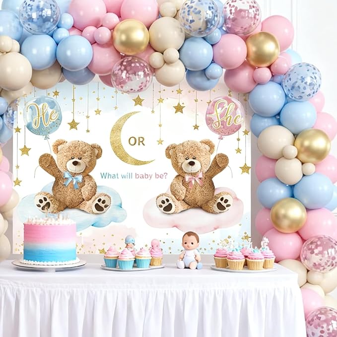 139Pcs Gender Reveal Decorations Kit with Baby Box Pink Blue Balloon Garland Arch Boy or Girl Burlap Banner He Or She Bear Backdrop Baby Shower Gender Reveal Ideas Decor Party Supplies