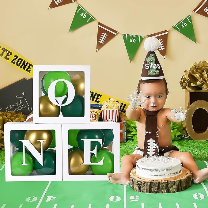 First Birthday Decorations for Boy - ONE Balloon Boxes with Green and Golden Balloons, Blocks for Safari Dinosaur Wild One Theme Baby 1st Birthday Backdrop, Cake Smash Photo Props
