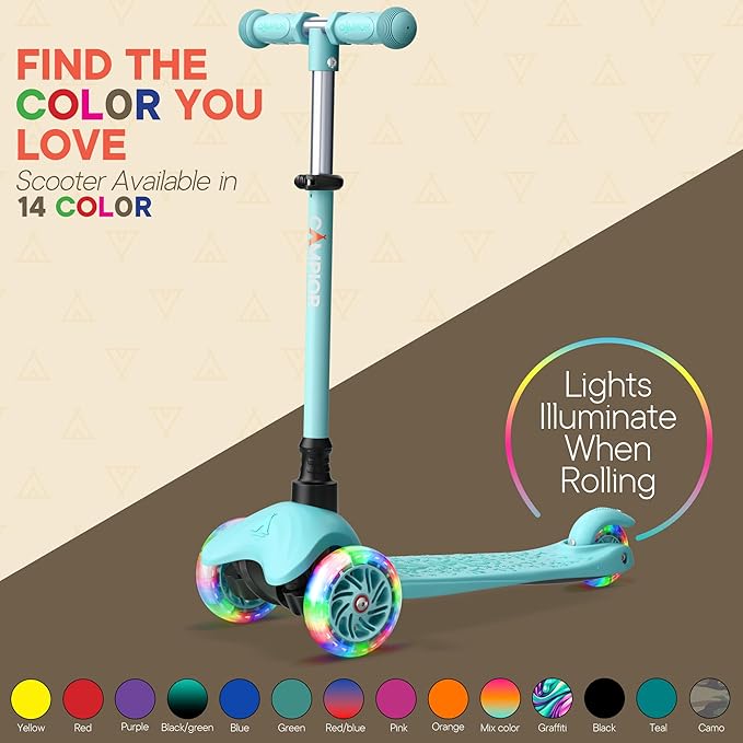 Teal Mini 3 Wheel Scooter for Kids – Lean-to-Steer Kick with LED Light-Up Wheels, Adjustable Handlebar, Wide Anti-Slip Deck, Smooth PU Wheels, Rear Foot Brake – Suitable for Ages 2+