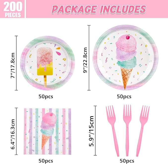 WERNNSAI Ice Cream Party Decorations - 200 PCS Ice Cream Plates Napkins Forks Pink Sweet Themed Birthday Supplies for Kids Girls Birthday Pool Summer Party Serves 50 Guests