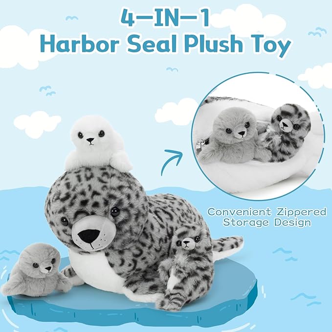 4 Pcs Seal Stuffed Animal Set, 20" Mother Plush Toy with 3 Babies in Mom's Belly, Cute Leopard Stuffed Seal Plushie for Girls Boys Kids