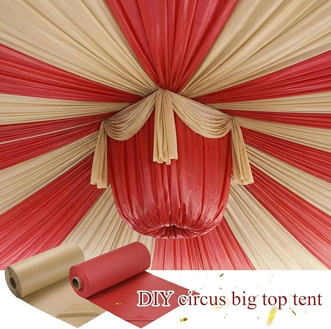 Moukeren 40'' x 100' Circus Tablecloth Roll Plastic Tablecloth Disposable DIY Carnival Tent Party Supplies for Big Top Tent Backdrop Curtains Ceiling Wall Drapes (Beige, Red,4 Roll)