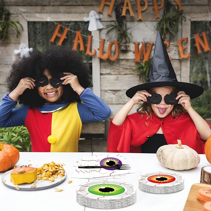 100 Pcs Spooky Halloween Eyeball Party Supplies Set - Serves 25, Scary Disposable Tableware, Includes Paper Plates, Napkins, Forks for Halloween Decorations, Trick or Treat Eyeballs Party Favors
