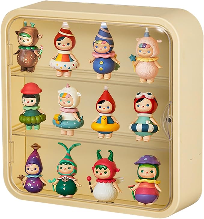 Clear Display Case for Figures, Wall-Mounted Doll Storage Box Cabinet Organizer 3-Layer Acrylic Dustproof Display Cabinet Box for Collectibles Action Figures Pop Mart (Yellow)
