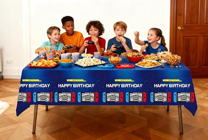2Pcs Blue Video Game Party Tablecloth | 54 x 108 In| Video Game Birthday Party Decoration Rectangular Disposable Plastic Table Cover, Game Birthday Party Supplies for Boys Girls Kids Party Decorations