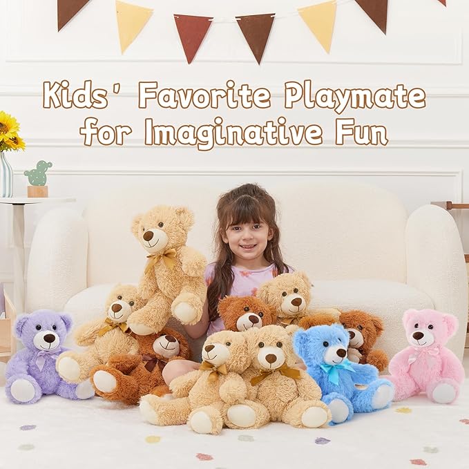 MorisMos 14Pcs Teddy Bears Bulk Baby Shower, 14inch Cute Teddy Bear Stuffed Animal Plush, Small Stuffed Bears on Centerpiece Baby Shower, Kids Party Favors, Brown