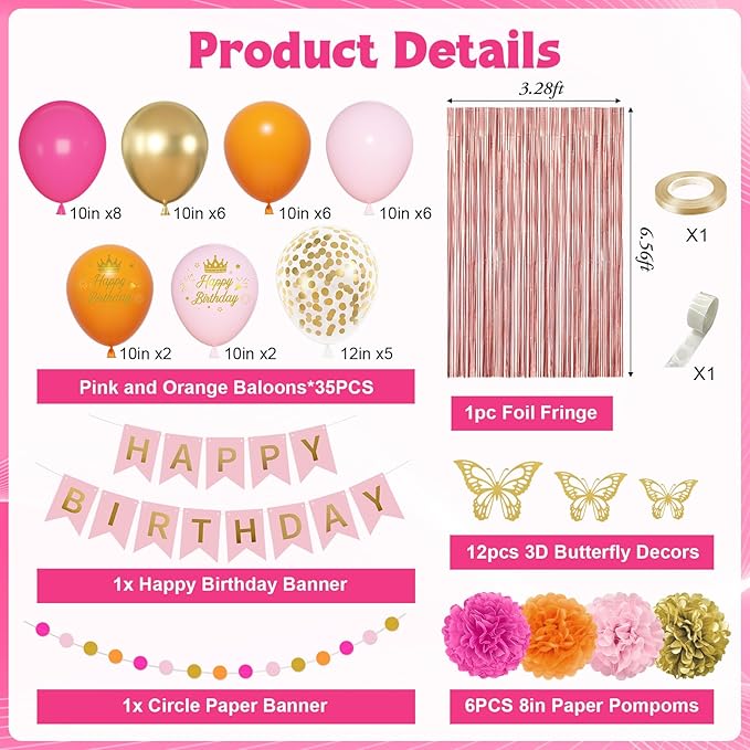 Hot Pink Orange Birthday Decorations for Women Girls, Peach Burnt Gold Metallic Confetti Printed Balloons Butterfly Stickers Fringe Curtain Happy Birthday Banner Circle Dot Paper Pompom Party Supplies