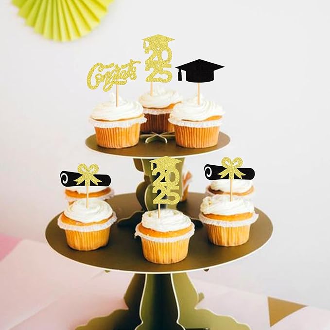 24Pcs 2025 Grad Cap Graduation Cupcake Toppers,Congrats Graduate Graduate Cap Food/Appetizer Picks For Graduation Party Mini Cake Decorations Black Gold Glitter
