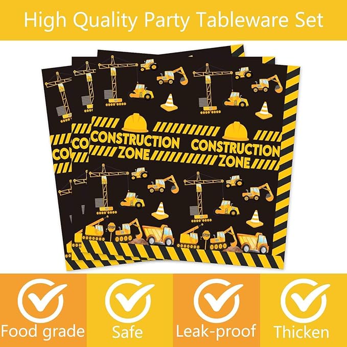 132 Pcs Construction 1st Birthday Party Supplies Dump Truck Theme One Tableware Includes Hanging Swirl, Banner, Plates, Cups, Tablecloth for Boys Im Digging Being 1 Birthday Party Decorations Favors