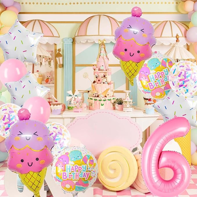 Pink Ice Cream Balloons, Number 6 Balloon, 6 Year Old Girl Birthday Decorations, Ice Cream Balloon for Girls Birthday Party Decoration (6)