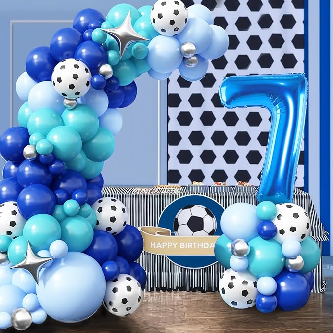 Soccer 7th Birthday Decorations for Boys, Royal Blue Teal Light Blue Balloon Garland Arch Kit with 40 Inch Blue Number 7 Balloon Tower, Soccer 7th Birthday Balloons for Kids Football Theme Party