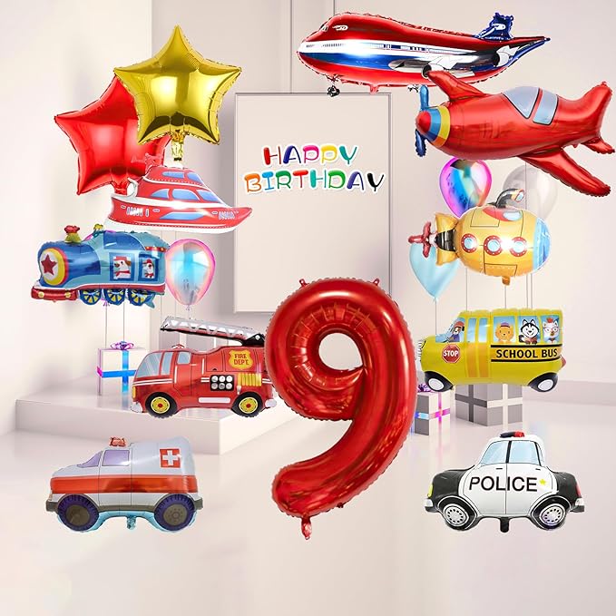 12pcs Transportation Balloons, Truck Plane School Bus Fire Truck Police Car Ship Ambulance Submarine Foil Balloon, Transportation 9th Birthday Vehicles Theme Party Supplies Decorations (9th)