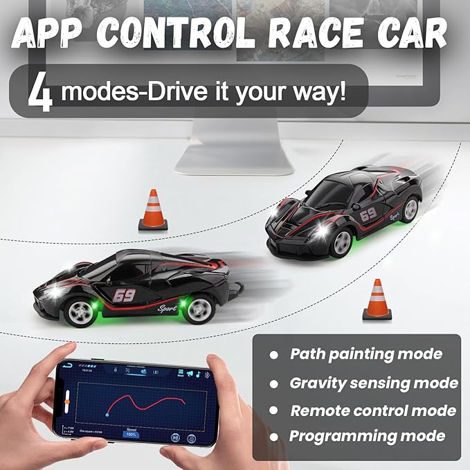 SASBSC 1/64 Mini Rc Car Toys for Boys Age 4-7 8-12, 2.4GHz Small App & Remote Control Cars with 3 Speed Modes for Kids Adults Rechargeable Desktop Toy Race Sports Car Gifts for Birthday (Black)