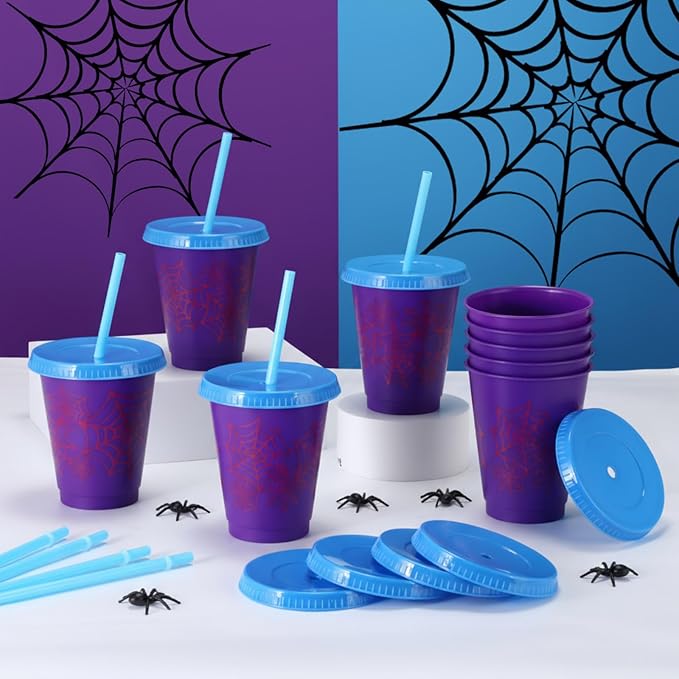 12 Pcs 16 oz Spider Cups Bulk, Spider Birthday Party Favors Cups with Lids and Straws, Plastic Cup for Birthday Party Decorations Celebration Birthdayy Partty Favor Supplies for Friends