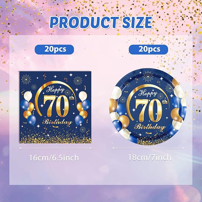 40PCS 70 th Birthday Decorations For Men Navy Blue and Gold Happy Birthday Party Decorations Include Plates Napkins for 70th Birthday Anniversary Party Supplies Decor