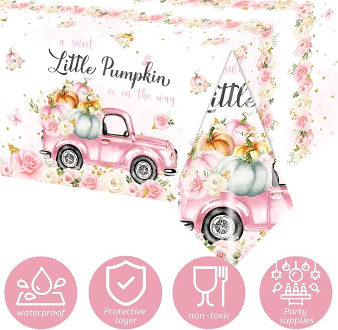 GREHUMOR Little Pumpkin Baby Shower Tablecloth a Sweet Little Pumpkin is on The Way Theme Pink Floral Truck Table Cover Plastic Disposable for Autumn Thanksgiving Baby Shower Party Decoration
