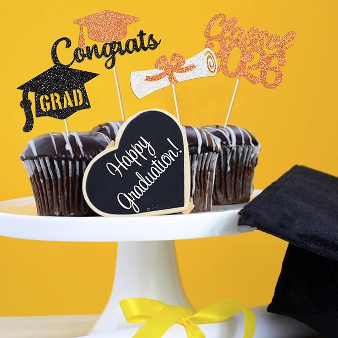 Black and Orange Graduation Cupcake Toppers Decorations Class of 2026 Cupcake Topper Graduation Cup Cake Picks Congrats Grad Party Decor Supplies Set of 24