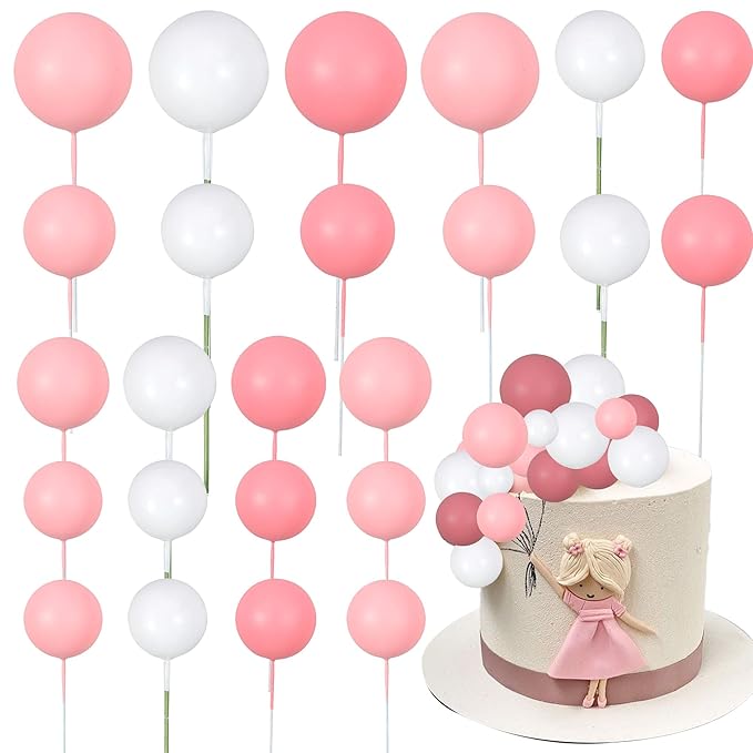 Gyufise 30Pcs Ball Cake Picks Mini Balloons Colorful Ball Shaped Cake Topper Pearl Balls Cupcake Cake Insert Topper for Birthday Party Wedding Decoration Supplies Pink White Rose Red