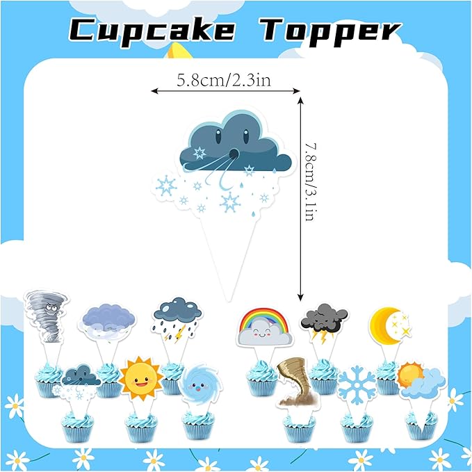 Weather Birthday Party Decorations Set, Weather Forecast Party Supplies Weather Banner Cake Topper Cupcake Toppers Balloons for Tornado Rainbow Clouds Sun Snow Moon Star Party Decorations