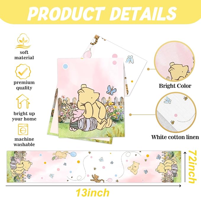 Winnie Baby Shower Decorations-Pooh Birthday Party Decor-Winnie Tablecloth,Tablecloth Oh Baby Gender Reveal Birthday Party Supplies for Kids Boys Girls,Pink