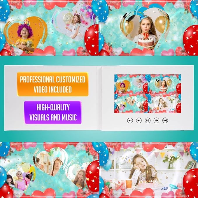 Video Greeting Card for Girl – Create Your Own Animated Slideshow – Upload 11 Photos – 7” Screen, USB Rechargeable, 4GB Storage, Gift for Kids