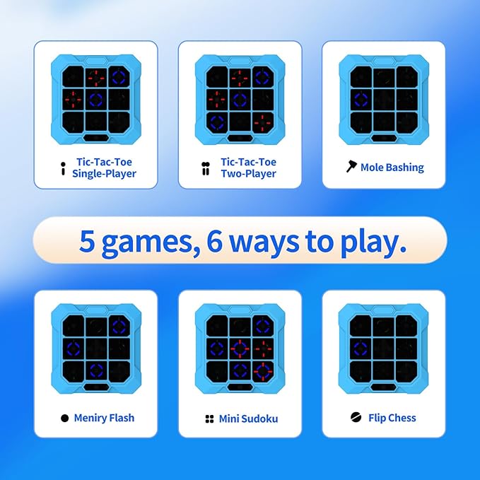 6-in-1 Rechargeable Electronic Tic-Tac-Toe Game, Portable Digital Travel Toy, Suitable for Children, Boys, Girls and Adults, Educational Memory Learning Toy for Ages 4 and Up (Blue)
