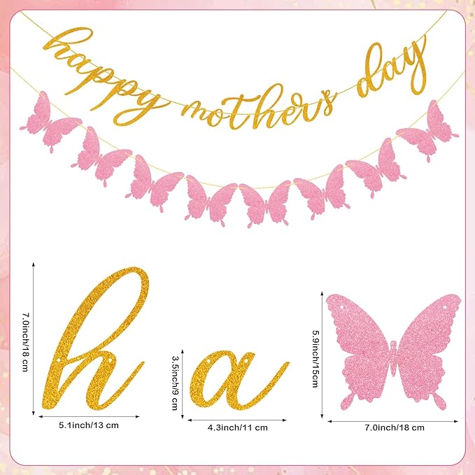 Happy Mother's Day Banner Decorations for Party Glitter Gold Pink Butterfly for Mother's Day Party Decorations Backdrop Garland Photo Props